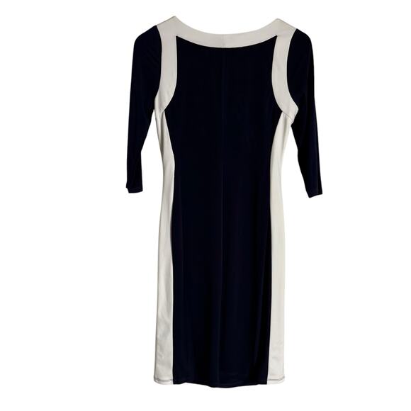 Glamour Navy White Ruched 3/4 Sleeve Colorblock Sheath Dress Size 4 Petite - Picture 8 of 10